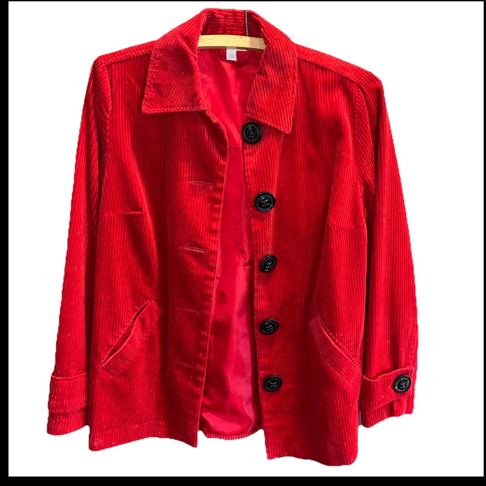 Relativity RED Corduroy women’s small JACKET Black Buttons Collared Strap Cuffs